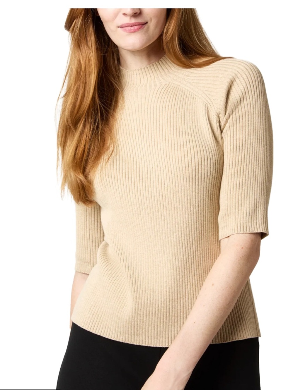 ANN MASHBURN Ribbed Crew Turtle Neck Sweater in Beige Size M Quiet Luxury